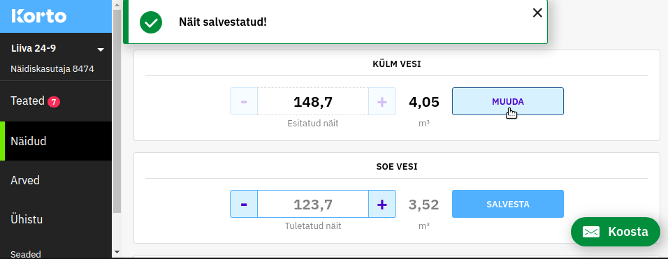 Korto näidu salvestamine